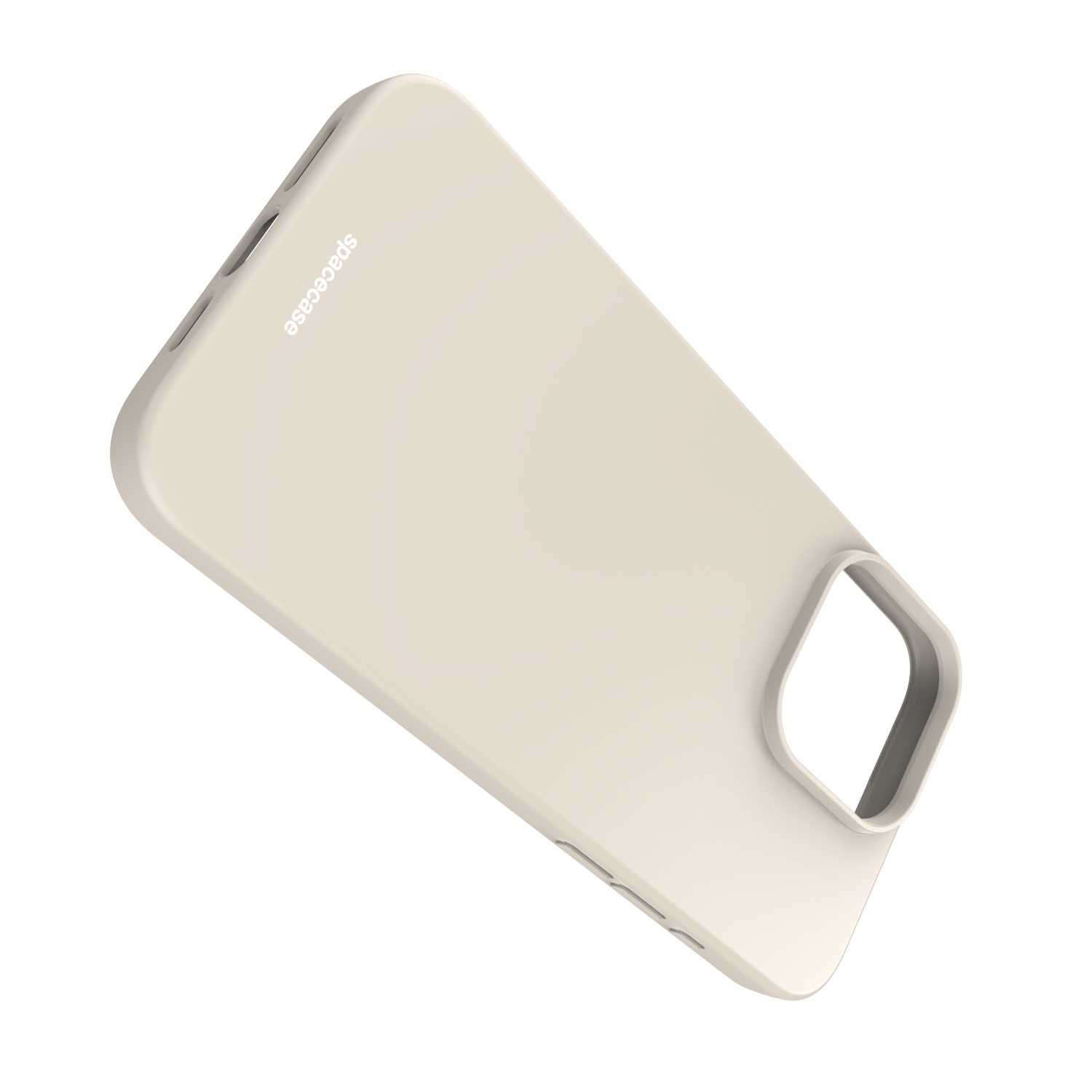 Jasnobrązowe etui na telefon z wycięciem na aparat i logo 'spacecase'. Pochylone, widoczny róg etui.