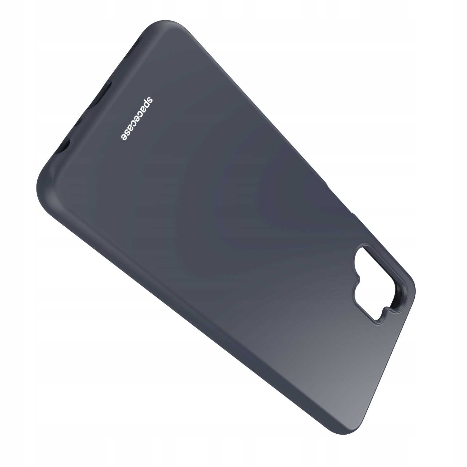 Ciemnoszare etui na telefon pod kątem, z wycięciem na aparat i logo 'spacecase'.