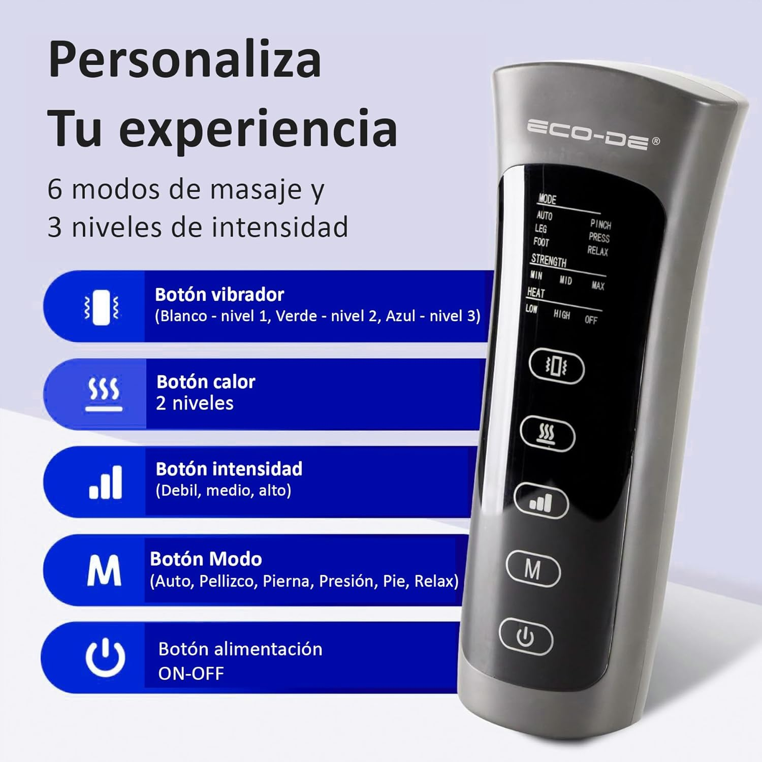 Un panel de control con botones y texto para el masajeador ECO-DE. Fondo blanco.