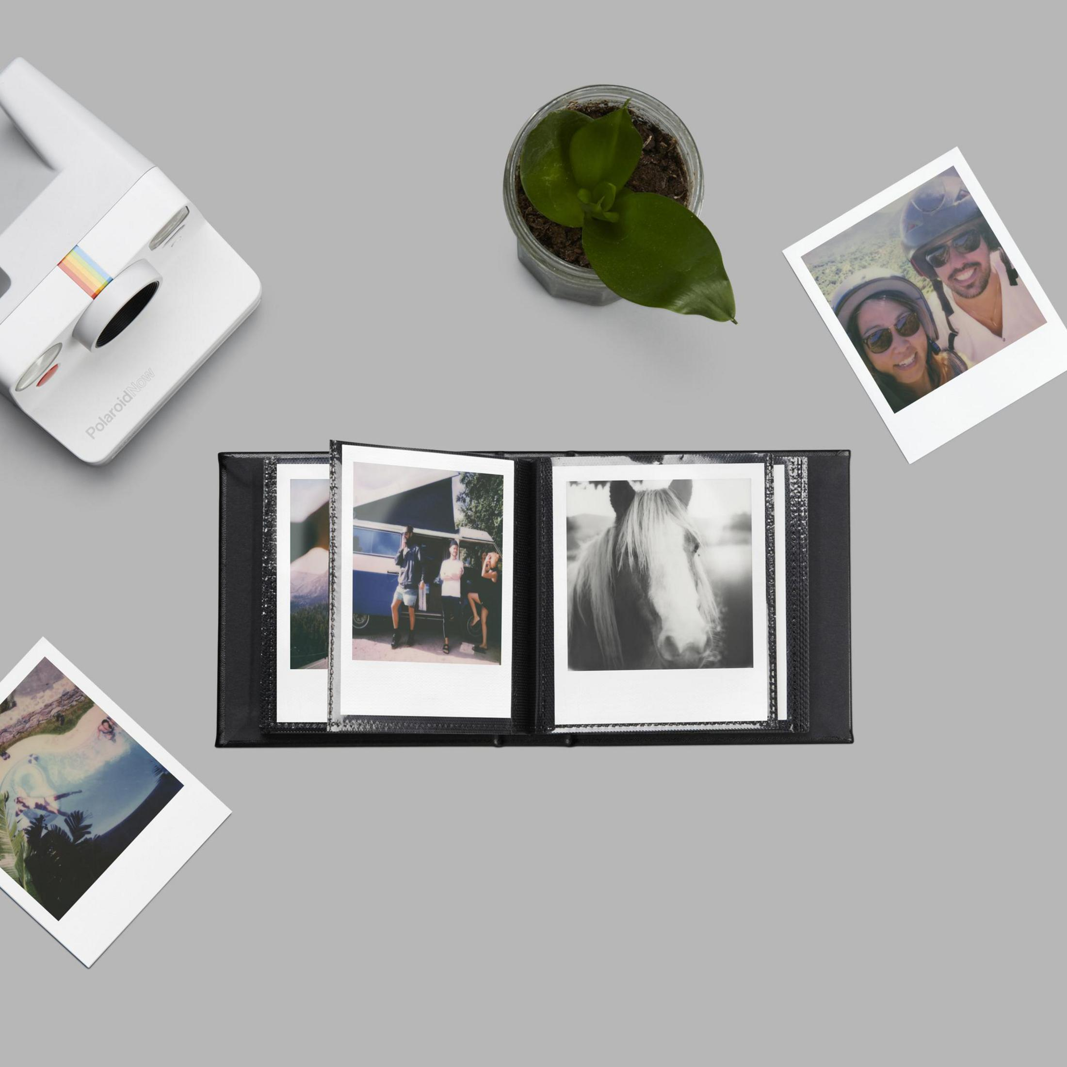 Eine Sammlung von Polaroid-Fotos, Album und Zubehör auf einer grauen Oberfläche.