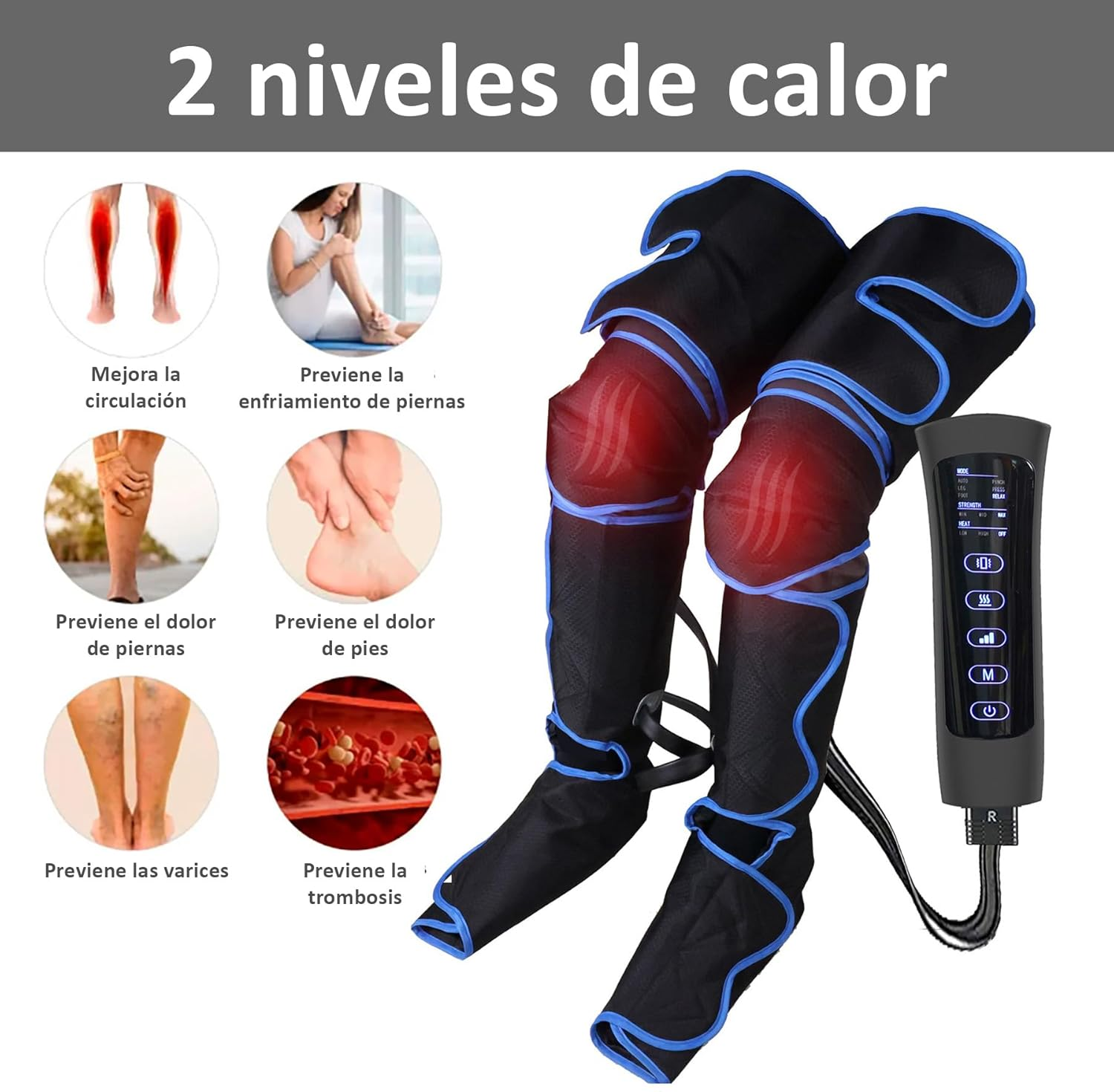 Masajeador de piernas negro con detalles azules y un panel de control, junto a diagramas y texto.