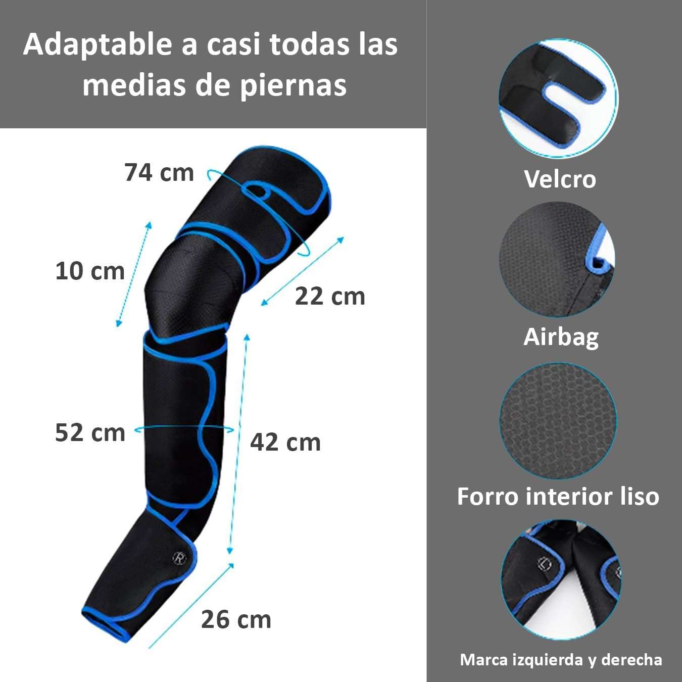Masajeador de piernas con dimensiones y características: velcro, airbags y forro interior liso.