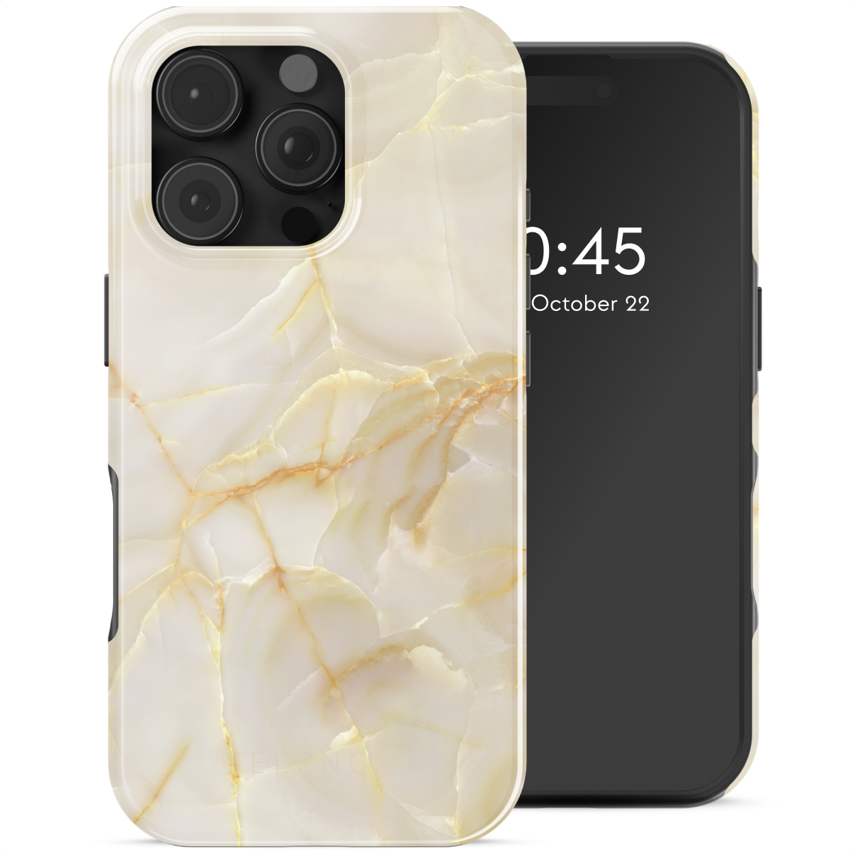 Een witte telefoonhoes met marmerpatroon en een telefoon die de tijd weergeeft.