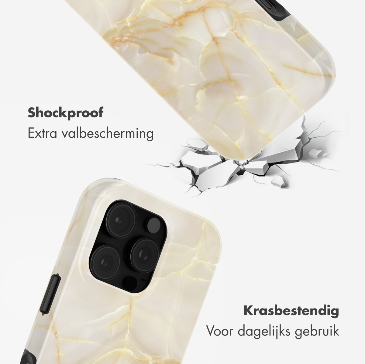 Twee telefoonhoesjes, een gebarsten. Tekst: 'Schokbestendig', 'Krasbestendig' met design.