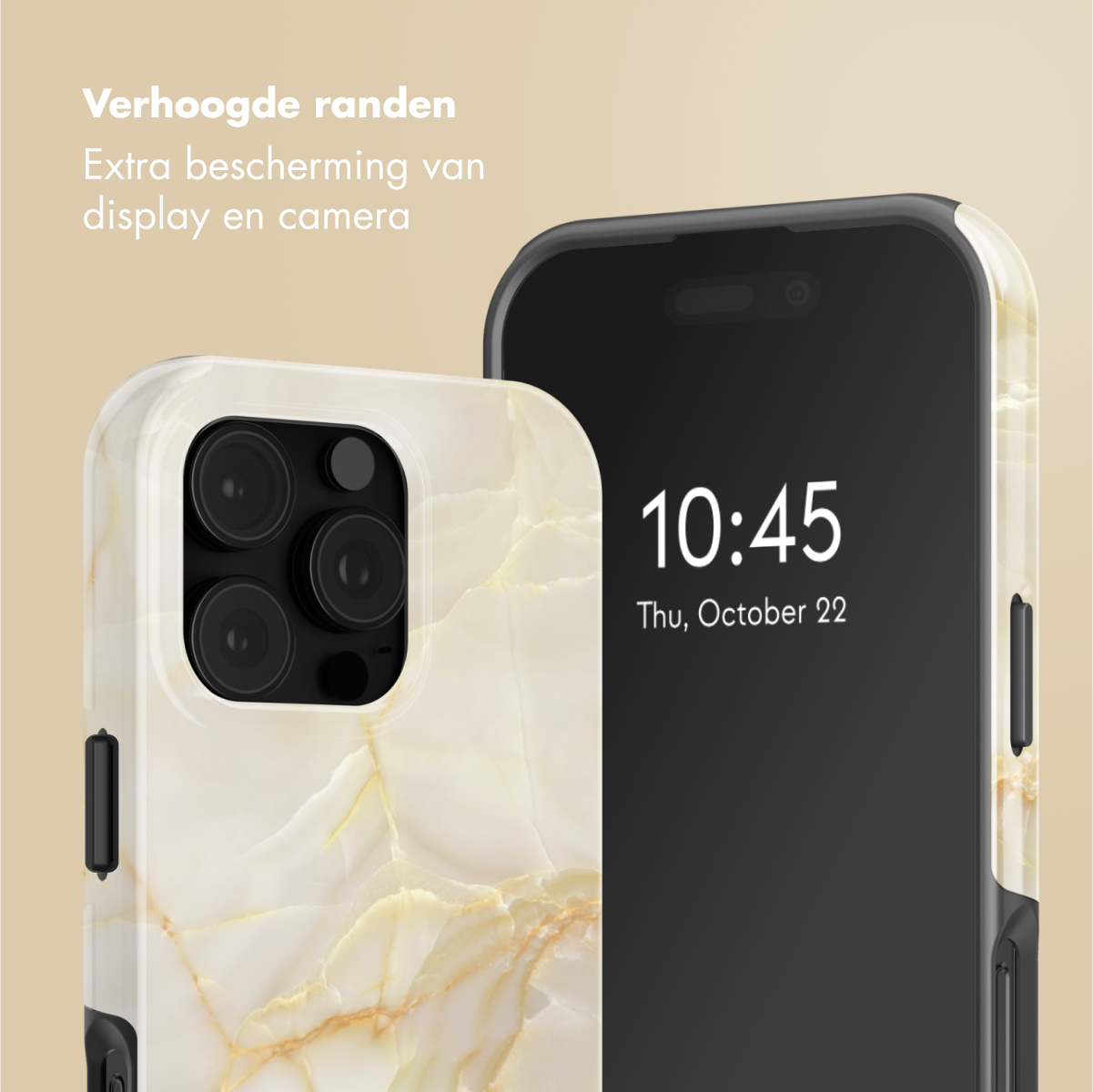 Telefoonhoesje met marmerontwerp, een telefoon die de tijd weergeeft en een weergave van de hoes.