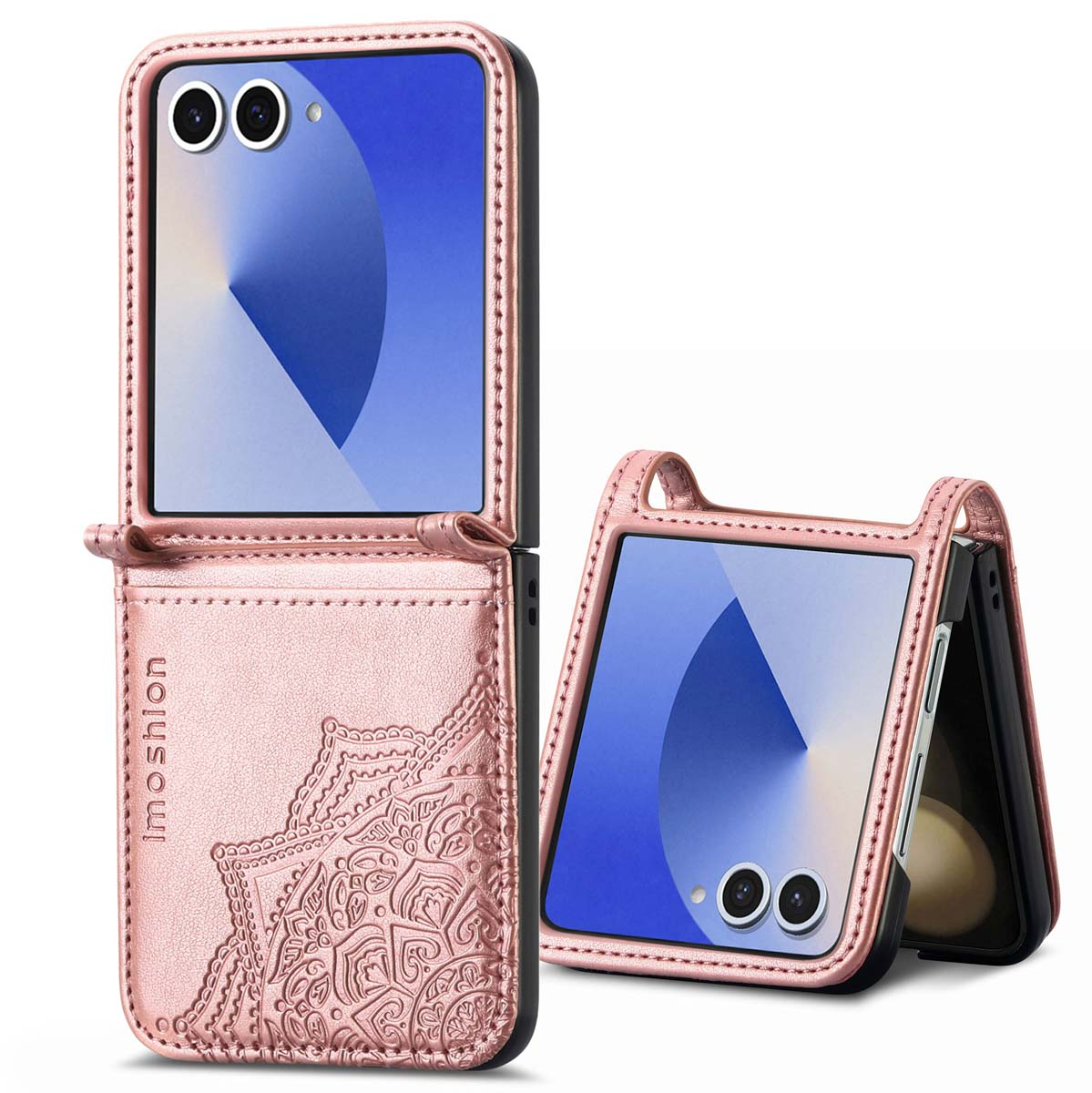 Een roze telefoonhoes die kan worden opgevouwen, met een patroon en de merknaam.