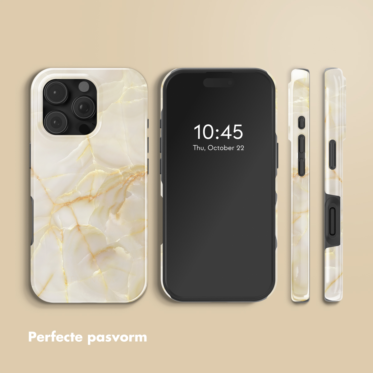 Telefoonhoesje met marmerontwerp, telefoon met tijdweergave en zijaanzichten van de hoes.