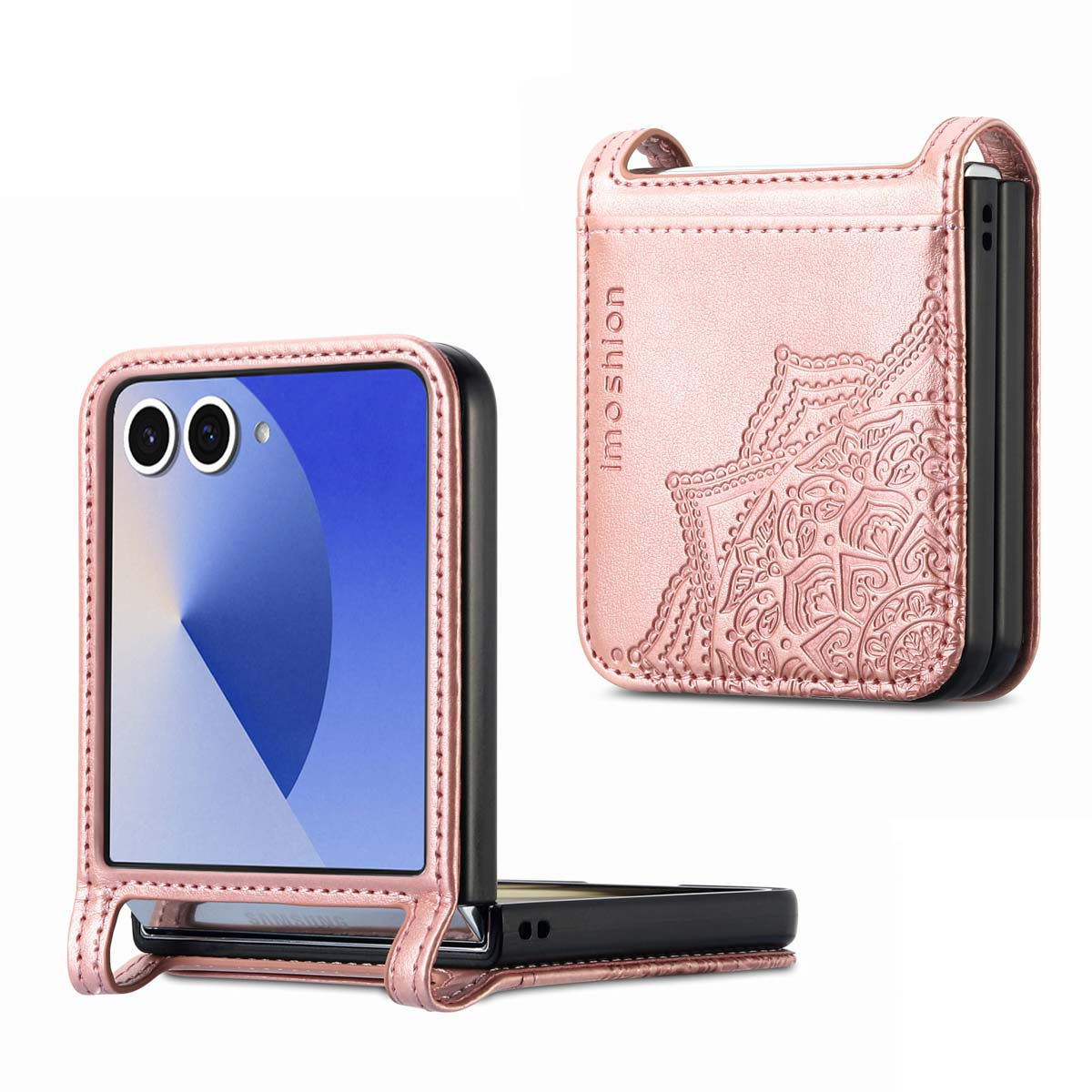Roze telefoonhoesje met telefoon erin en een kaarthouder, met een decoratief patroon aan de voorkant.