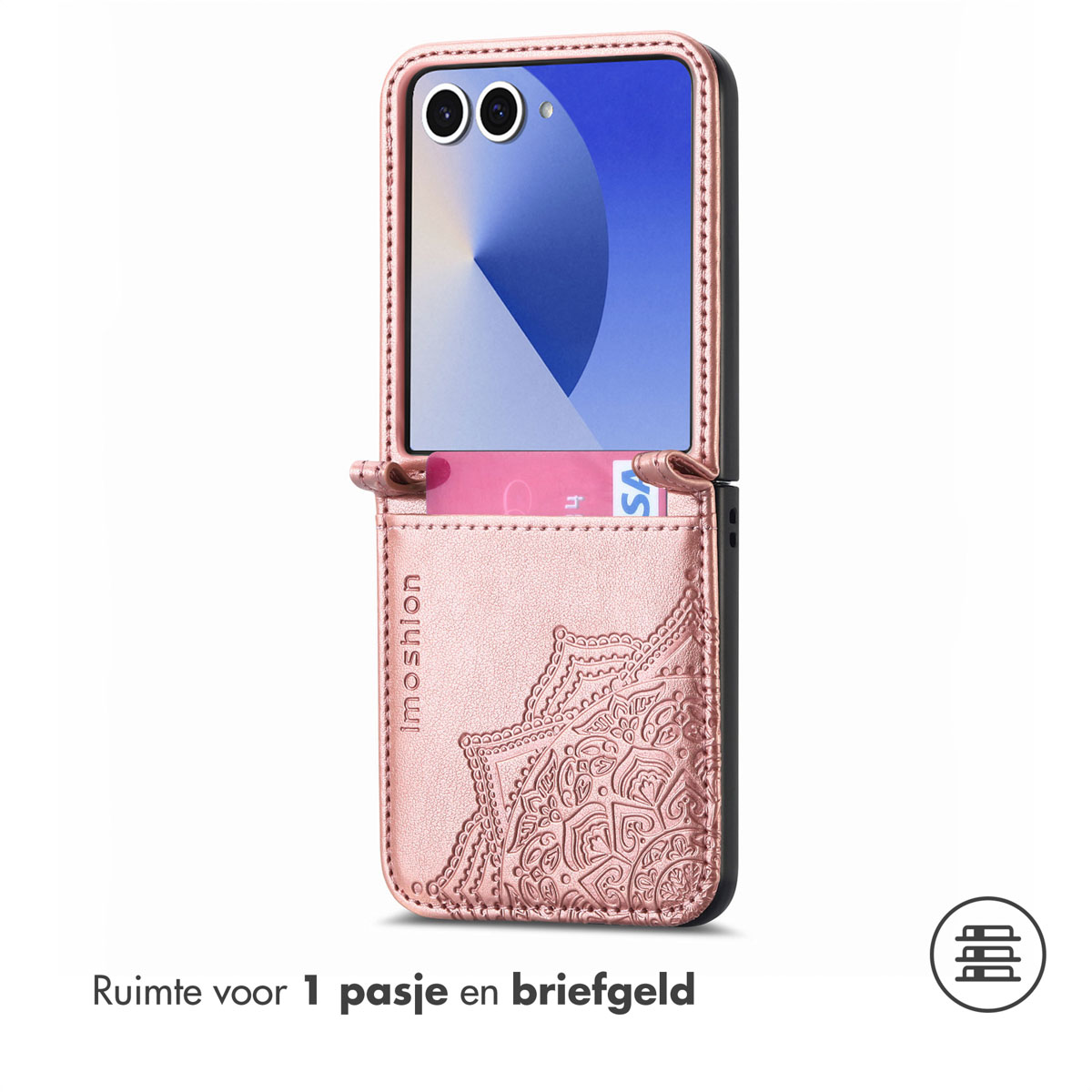 Open telefoonhoesje, met telefoon en kaarthouder, met een decoratief patroon en een logo.
