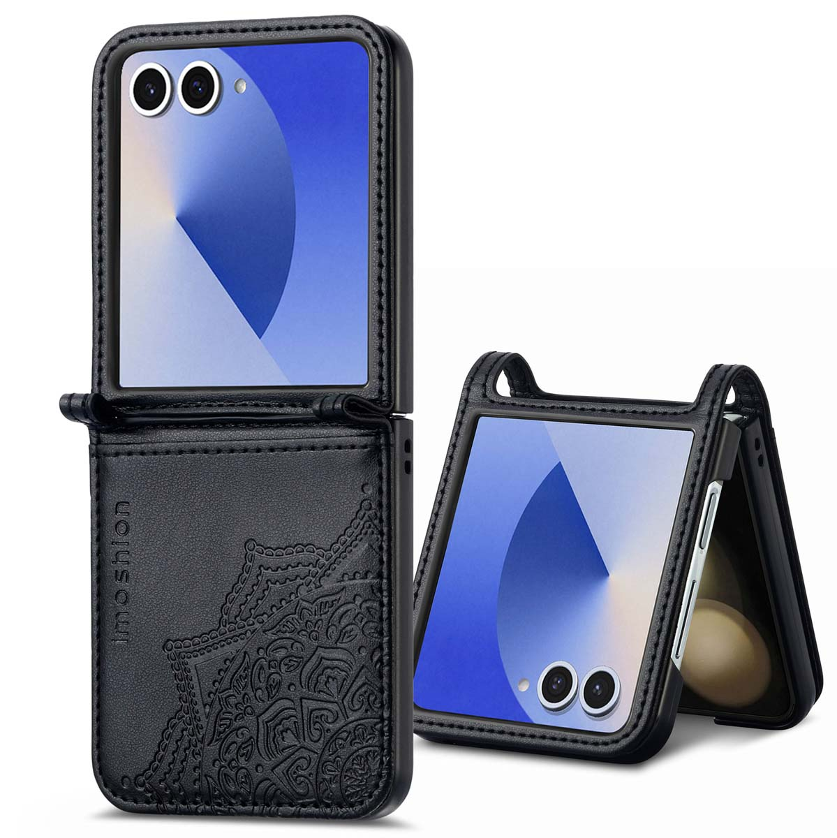 Twee zwarte telefoonhoesjes, een open en een gesloten, met een mandala-ontwerp op de achterkant.