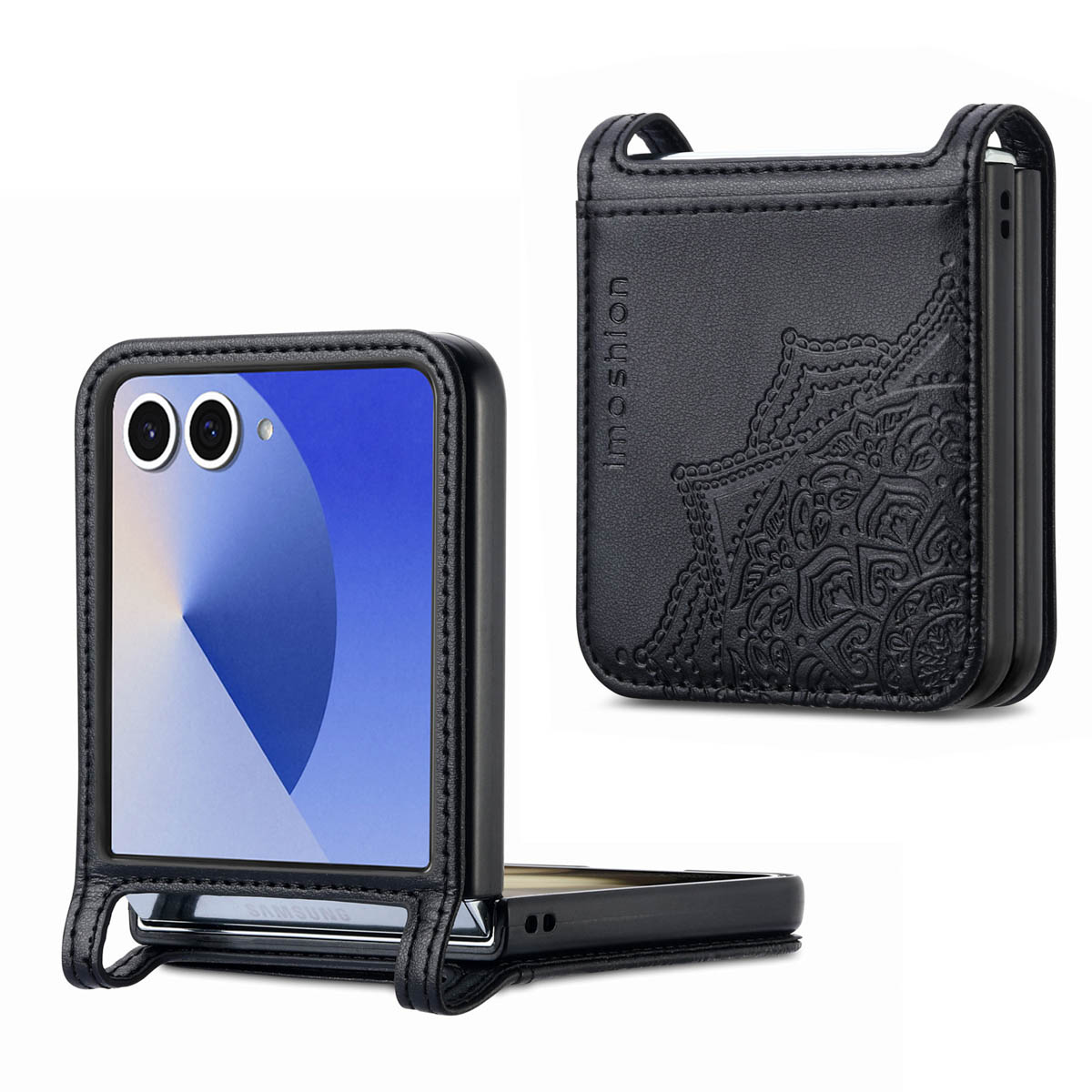 Twee zwarte telefoonhoesjes open en dicht, beide met een mandala-ontwerp op de achterkant.
