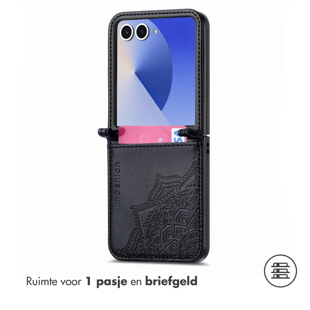 Zwarte telefoonhoes met mandala-ontwerp, creditcard zichtbaar en scherm met blauw-wit patroon.