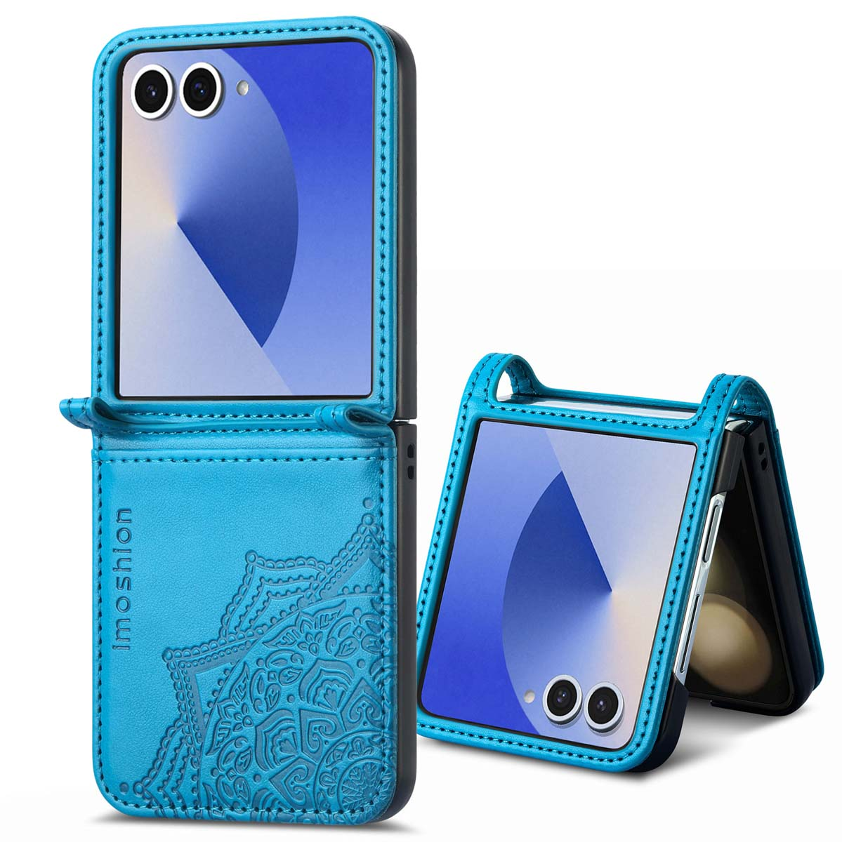 Twee blauwe telefoonhoesjes. Eén open, één dicht. Beide hebben mandala-ontwerpen en tonen schermen.