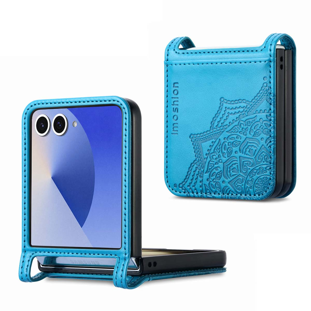 Een blauwe telefoonhoes met een patroon, opengeklapt om de telefoon te onthullen.