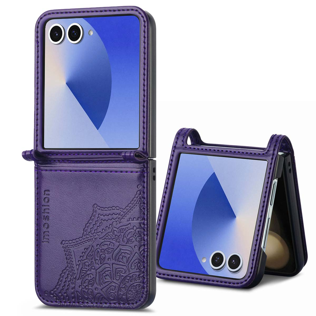 Twee paarse telefoonhoesjes. Eén gedeeltelijk open, toont het scherm en de creditcard.