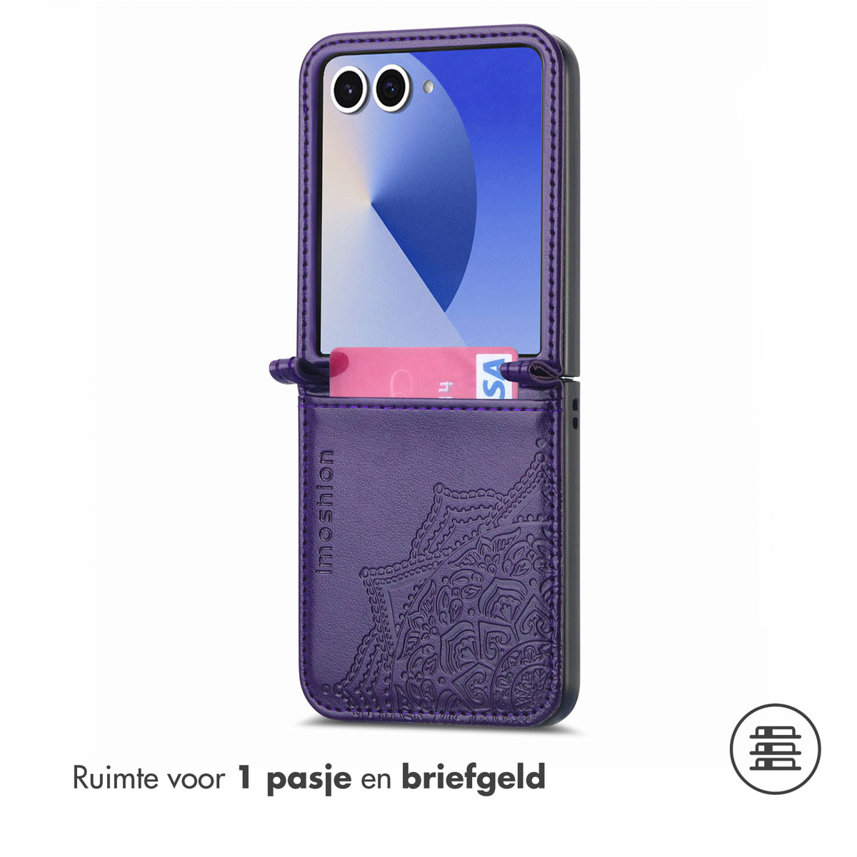 Paarse telefoonhoes met mandala-ontwerp, creditcard zichtbaar en scherm met blauw patroon.