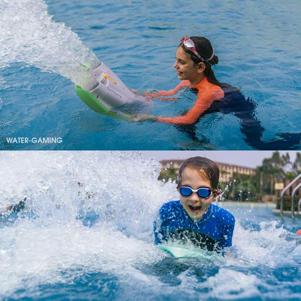 Dwa zdjęcia przedstawiające osoby korzystające ze skutera wodnego.