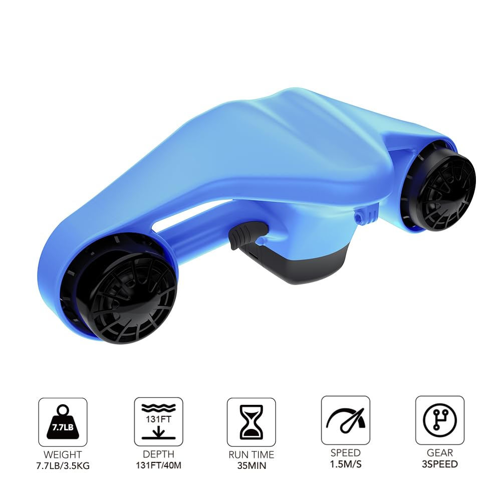 Niebieski skuter wodny z ikonami informacyjnymi wokół niego.