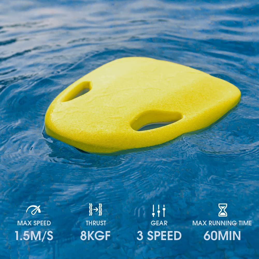 Żółta deska do pływania unosząca się w wodzie z detalami prędkości, ciągu, biegu i czasu poniżej.