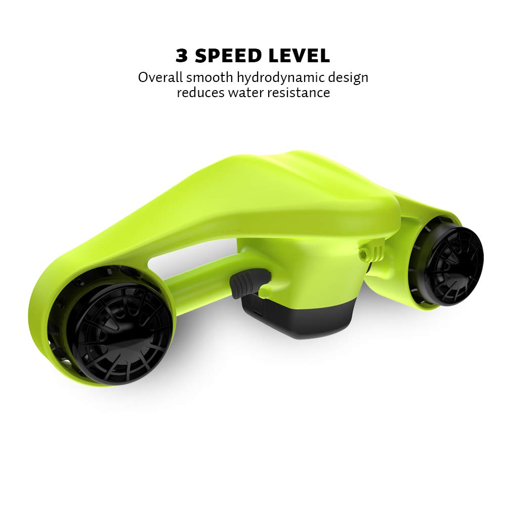 Zielony skuter wodny, z dwoma czarnymi śmigłami, zaprojektowany z gładkim, hydrodynamicznym kształtem.