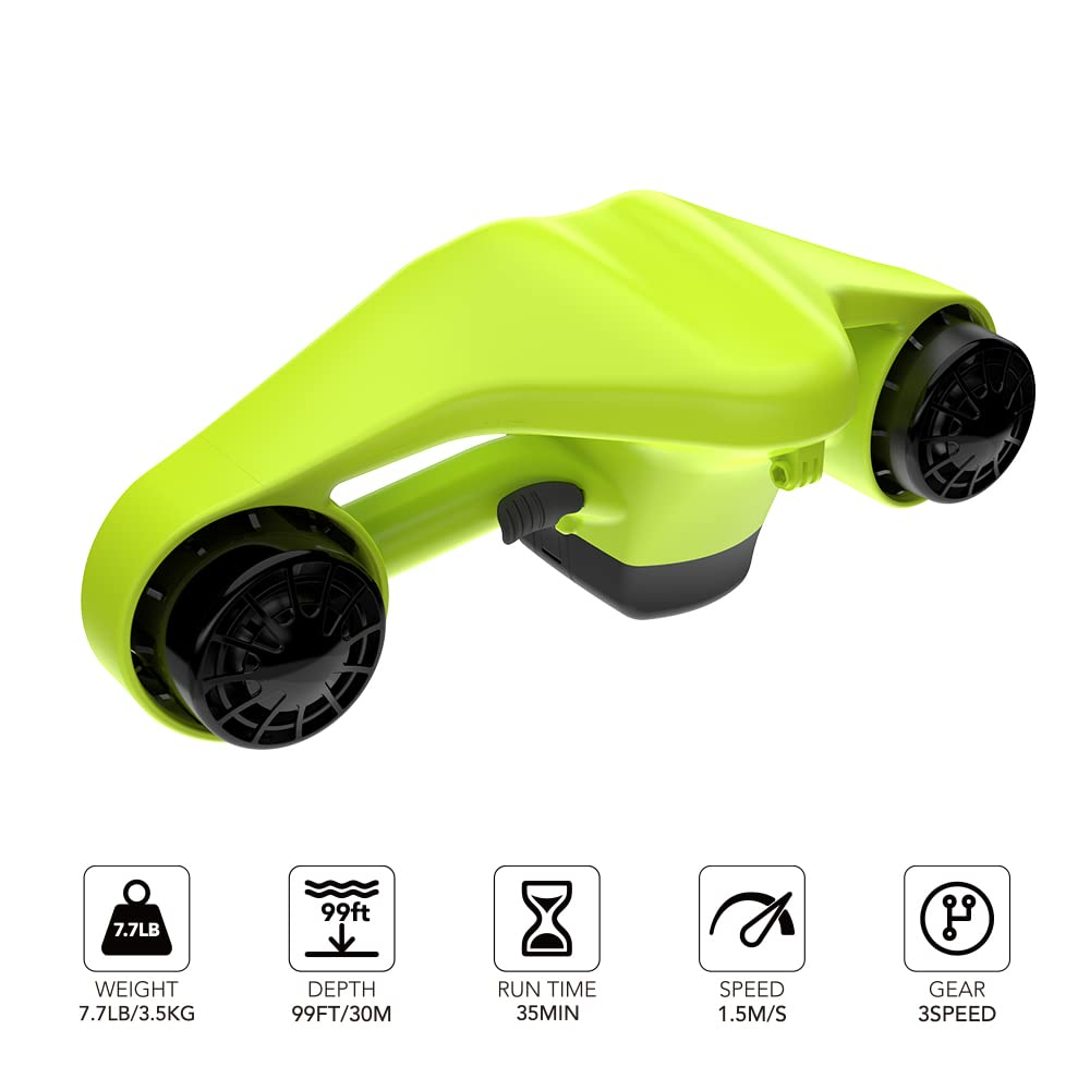 Zielony skuter podwodny z czarnymi śmigłami, ze specyfikacjami takimi jak waga, głębokość i czas pracy.