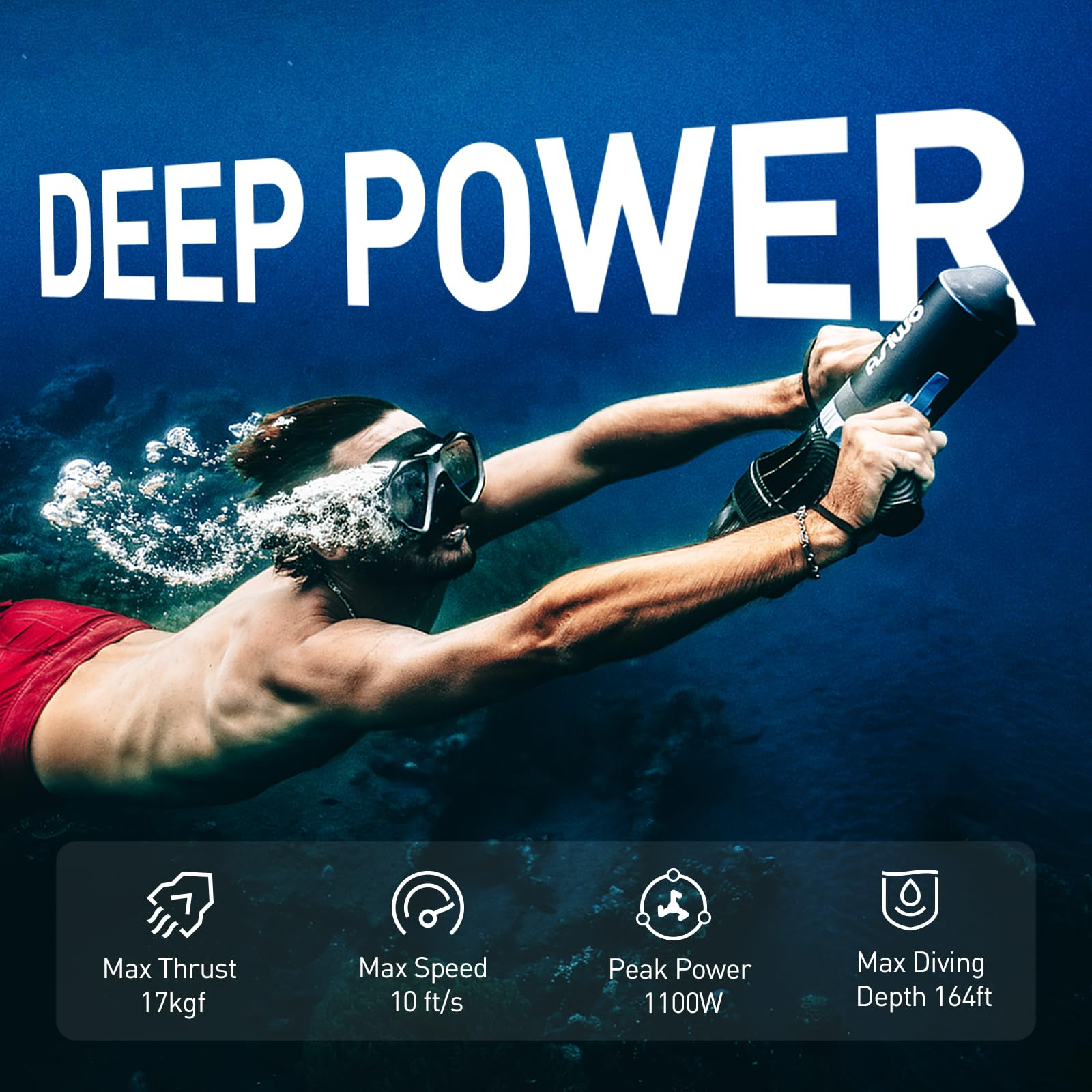 Osoba pod wodą używająca skutera podwodnego o dużej mocy, ze specyfikacjami takimi jak maksymalny ciąg i prędkość.