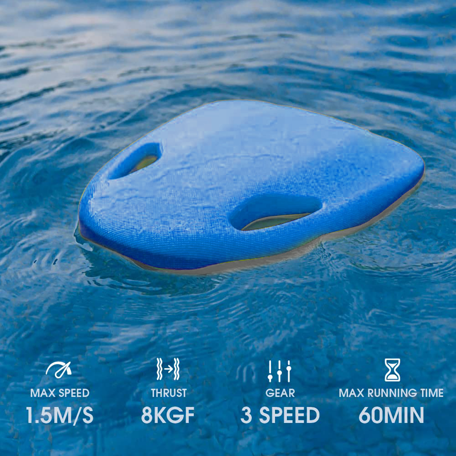 Niebieska deska do pływania unosząca się na wodzie. Tekst o prędkości, ciągu, biegu i czasie pracy jest pokazany poniżej.