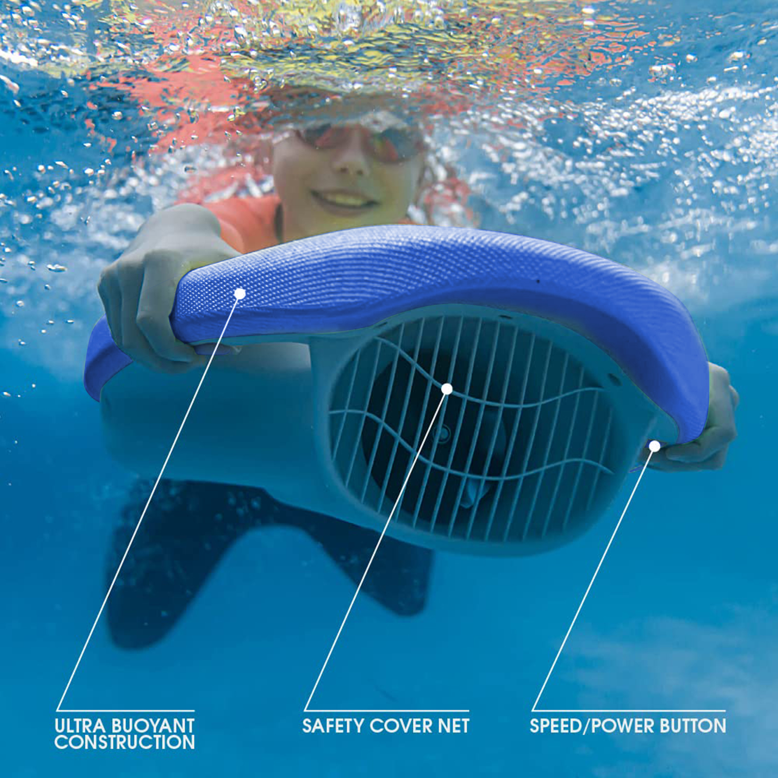 Osoba pływa pod wodą z niebieskim urządzeniem. Adnotacje wskazują na ultralekką konstrukcję, siatkę zabezpieczającą i przycisk.