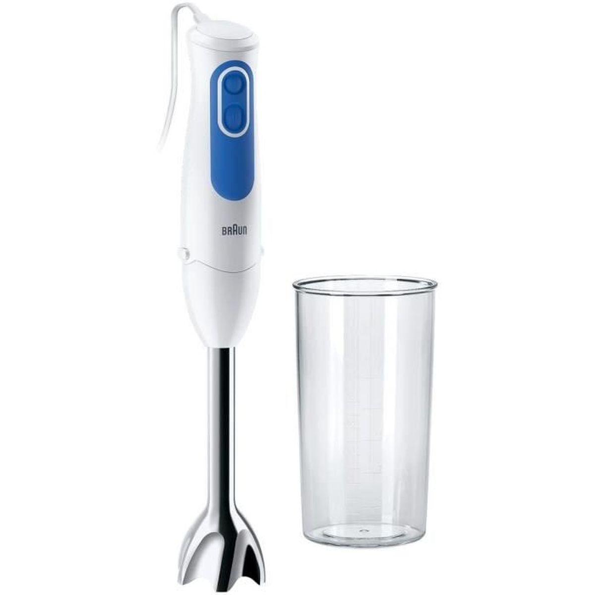 Ein weißer Braun Stabmixer mit blauem Akzent und einem transparenten Becher.