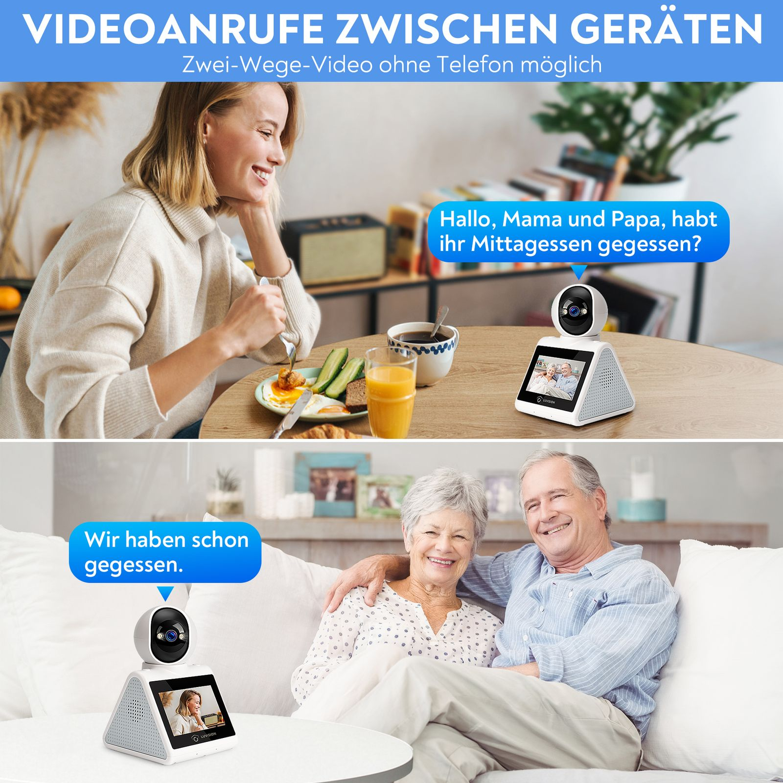 Zwei Personen, die Videogesprächsgeräte verwenden. Eine ist eine Frau, das andere ein älteres Paar.