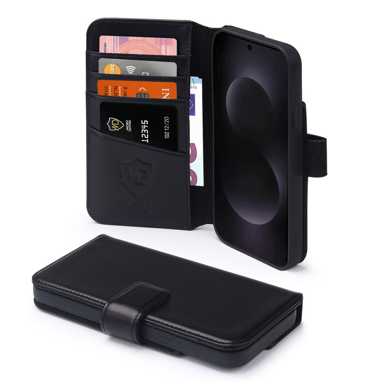 Étui de téléphone noir avec des fentes pour cartes, ouvert pour révéler le téléphone et les cartes.