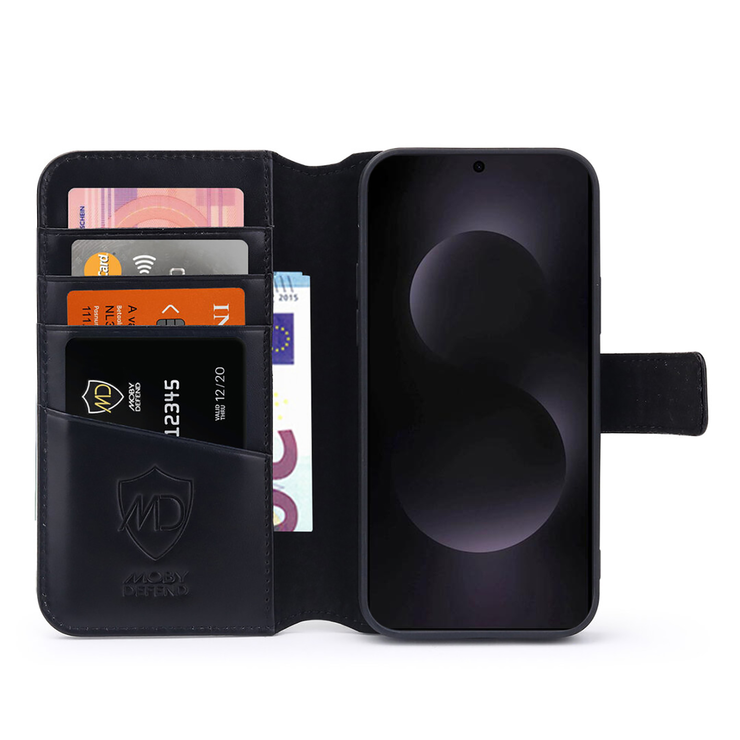 Étui portefeuille ouvert avec cartes, argent et smartphone à écran noir.