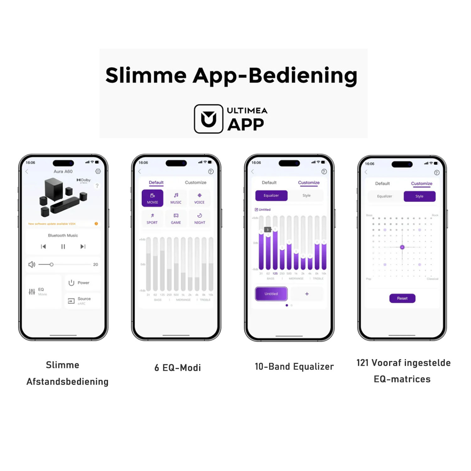 Schermafbeeldingen van een smartphone-app met verschillende equalizerinstellingen en een aangesloten geluidssysteem.