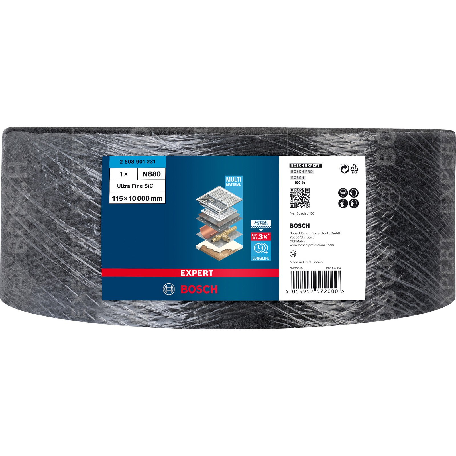 Eine Rolle schwarzes, in Kunststoff verpacktes Schleifpapier mit Bosch-Logo und Produktinformationen.
