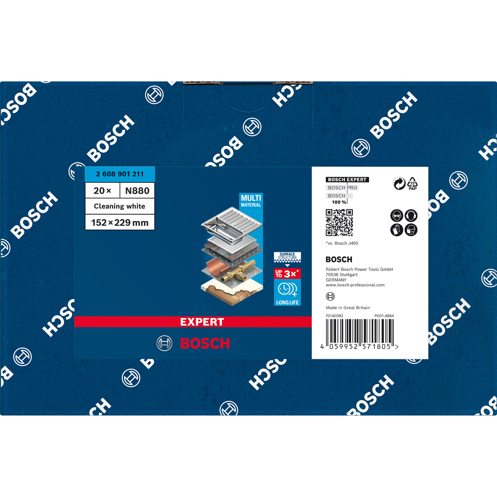 Eine weiße Box mit Bosch-Logos und Produktinformationen, einschließlich eines Multi-Material-Diagramms.