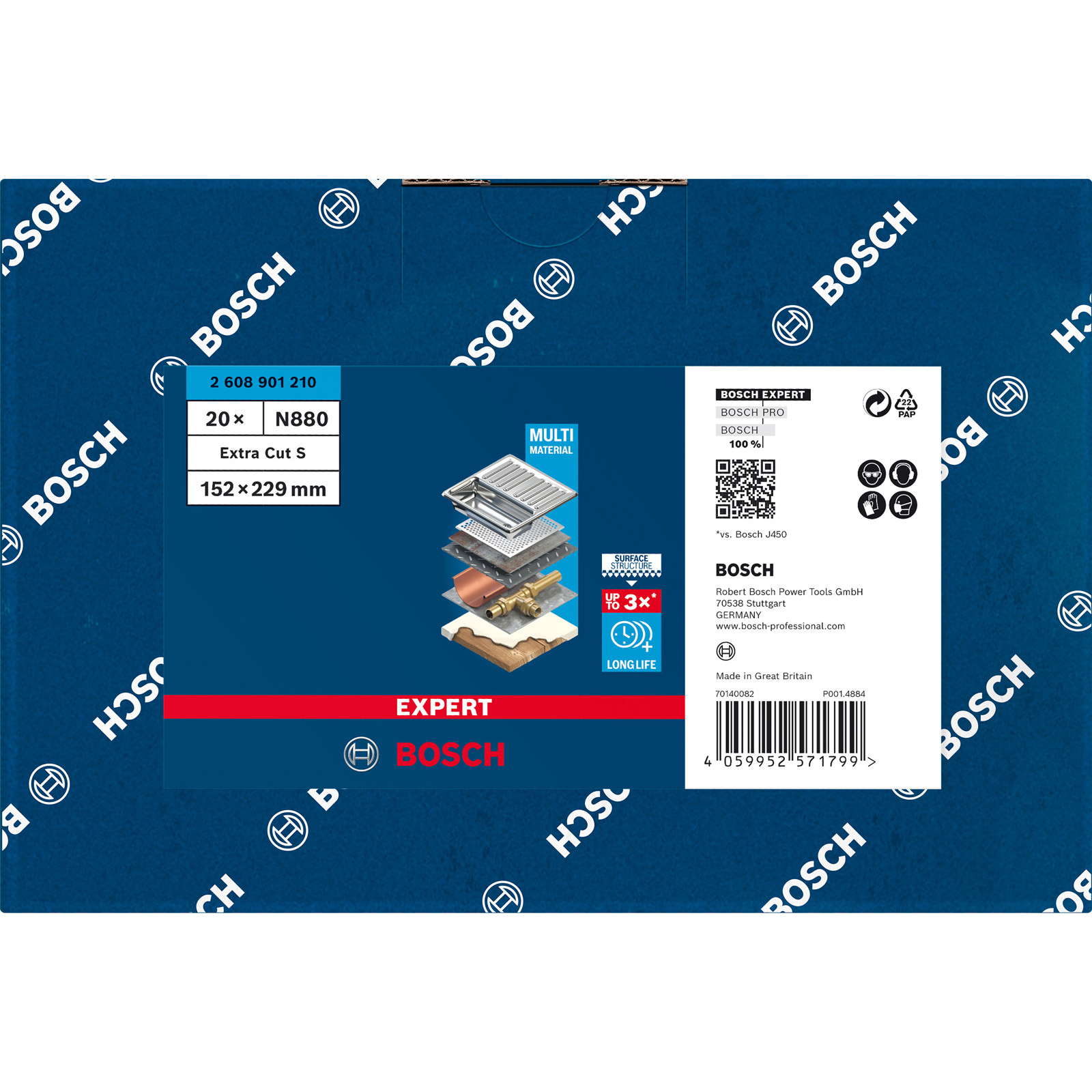 Eine blau-weiße Bosch Expert Multi Material Produktbox mit Diagrammen, Abmessungen und dem Bosch-Logo.