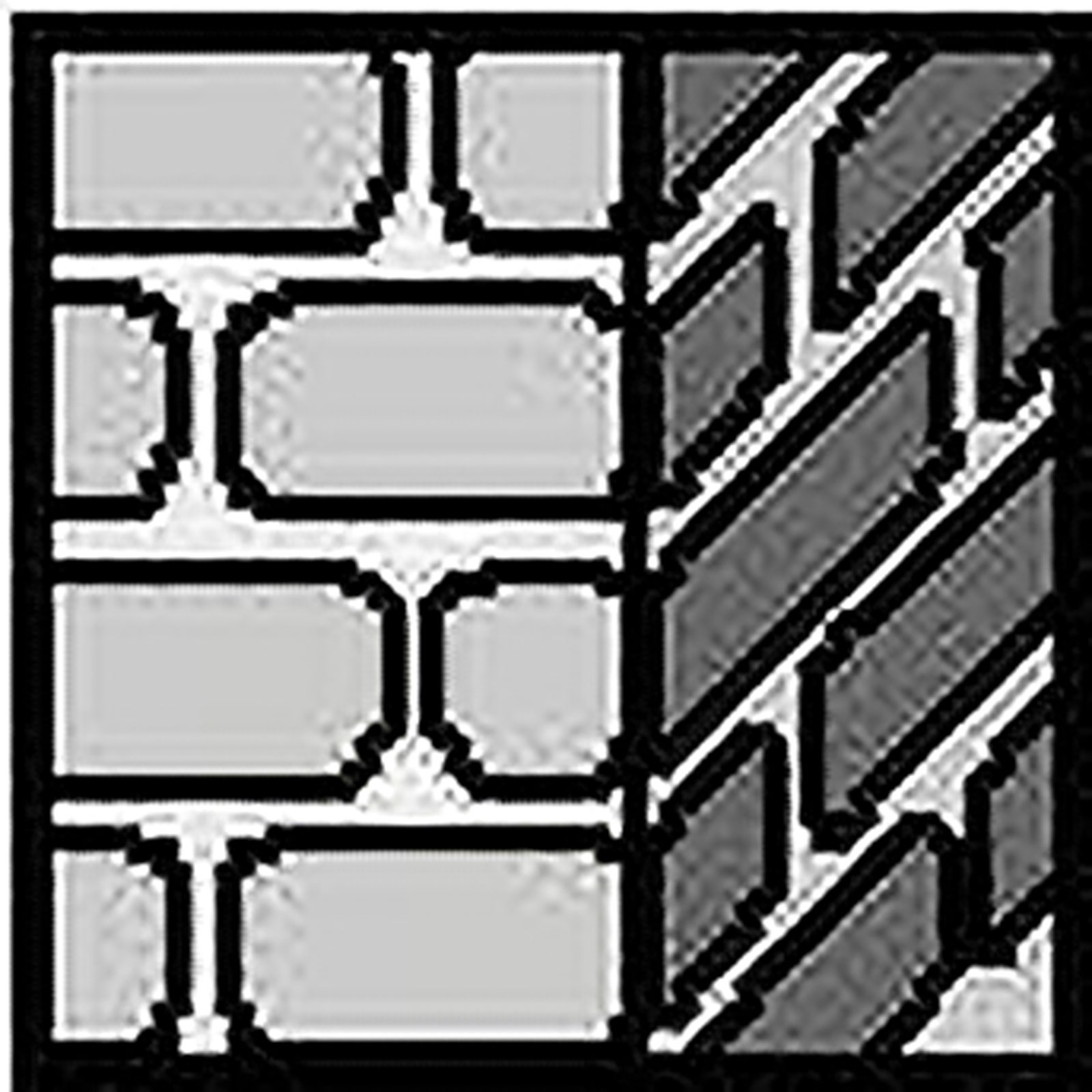 Un'immagine pixelata di un muro di pietra con mattoni grigi e grigio chiaro. La metà destra è diagonale.