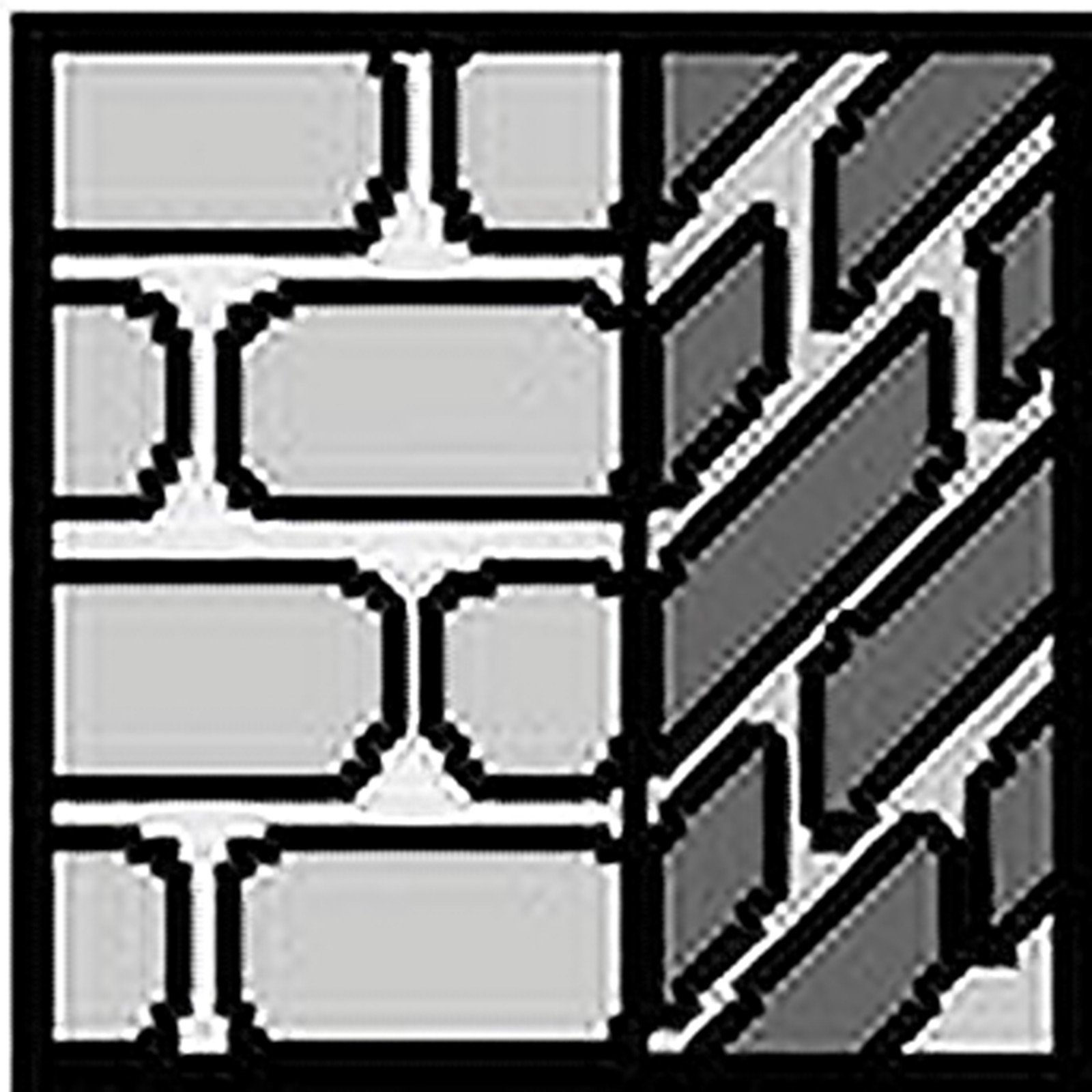 Un'immagine pixelata di un muro di pietra con mattoni grigi e grigio chiaro. La metà destra è diagonale.