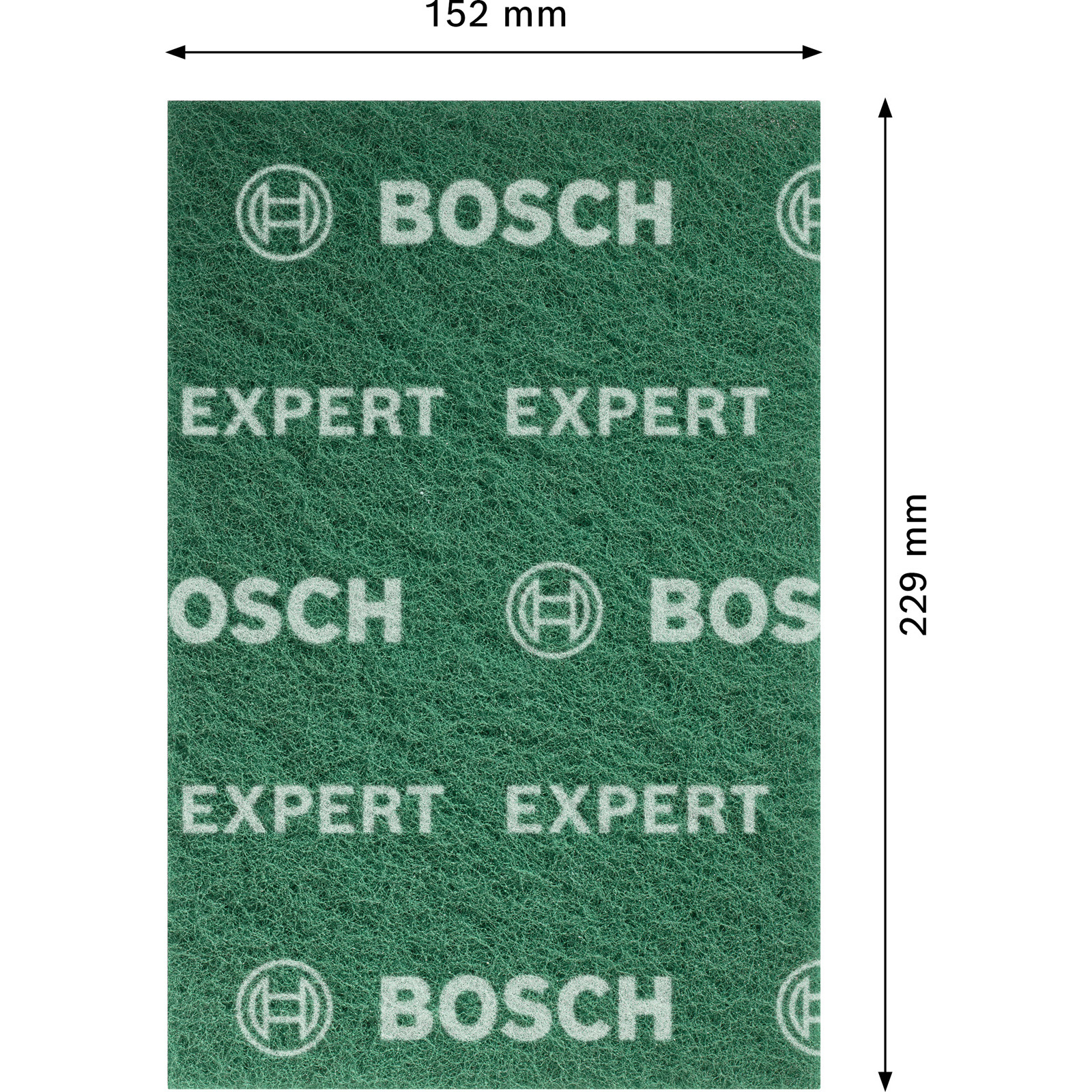 Ein grünes Bosch Expert Schleifblatt. Die Abmessungen des Blattes sind angegeben.