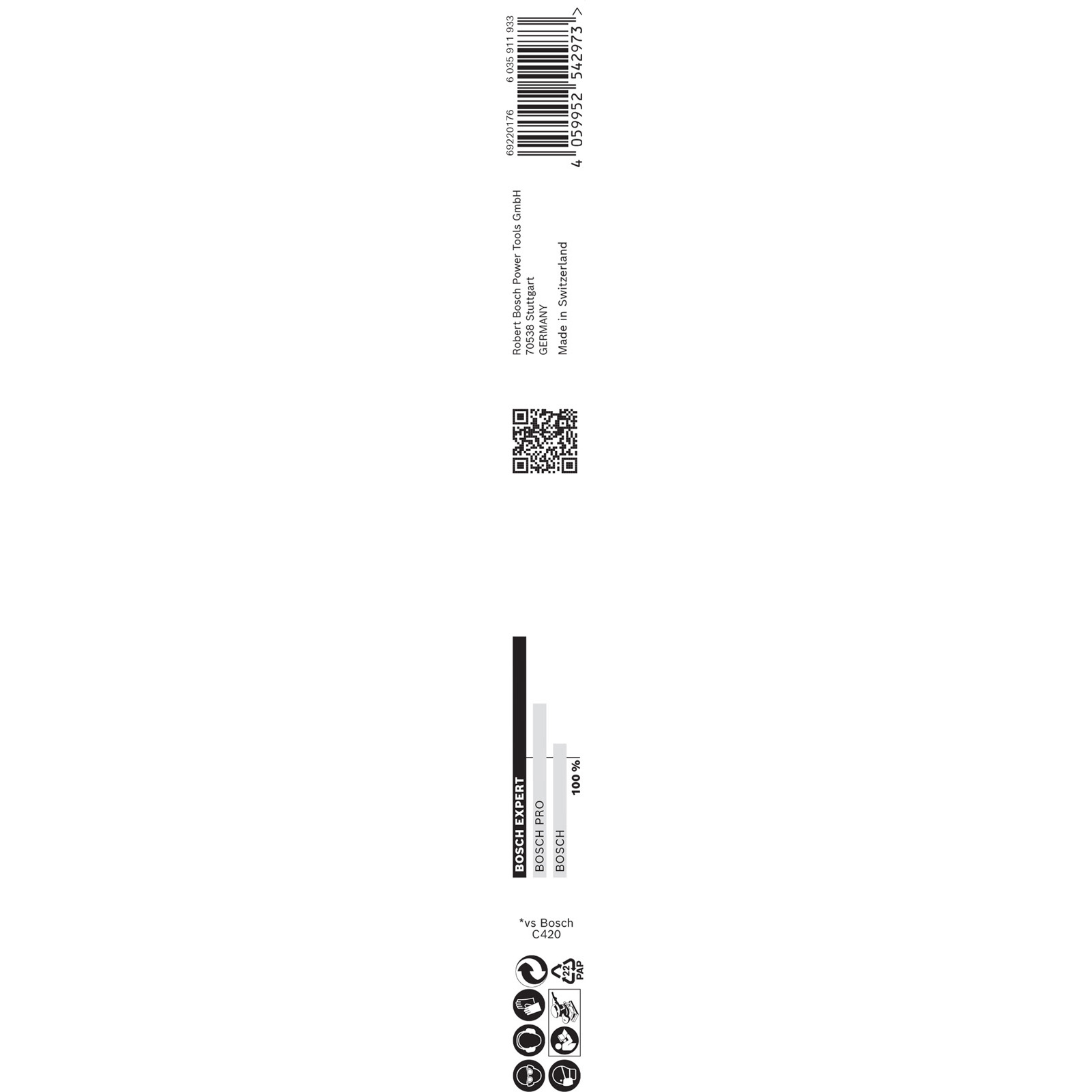Emballage blanc du produit avec texte. Un code-barres est en bas. Marque Bosch, et étiquettes visibles.