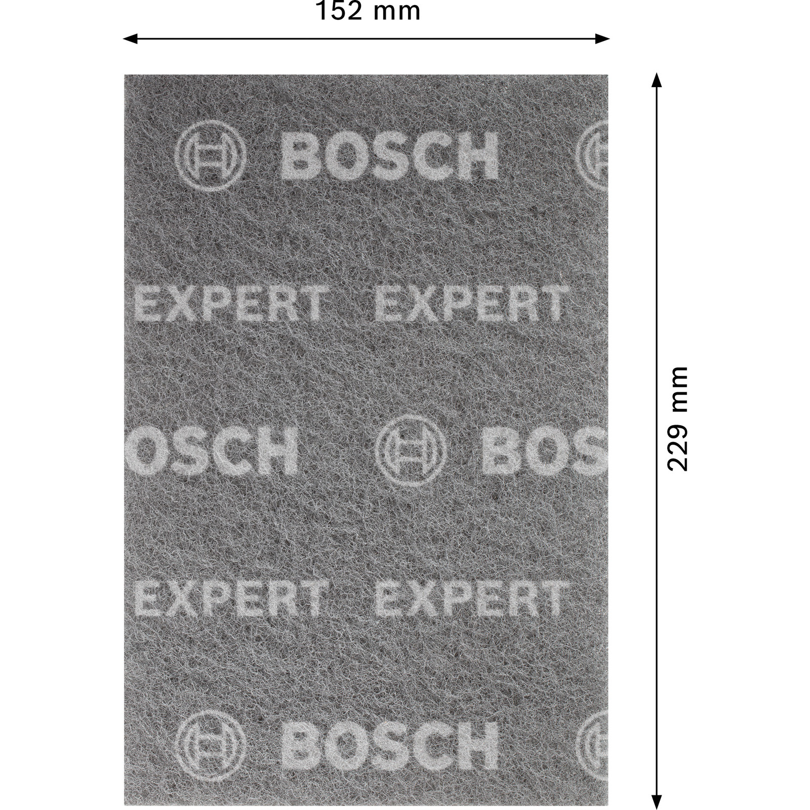 Ein graues Bosch Expert Schleifblatt. Die Abmessungen des Blattes sind angegeben.