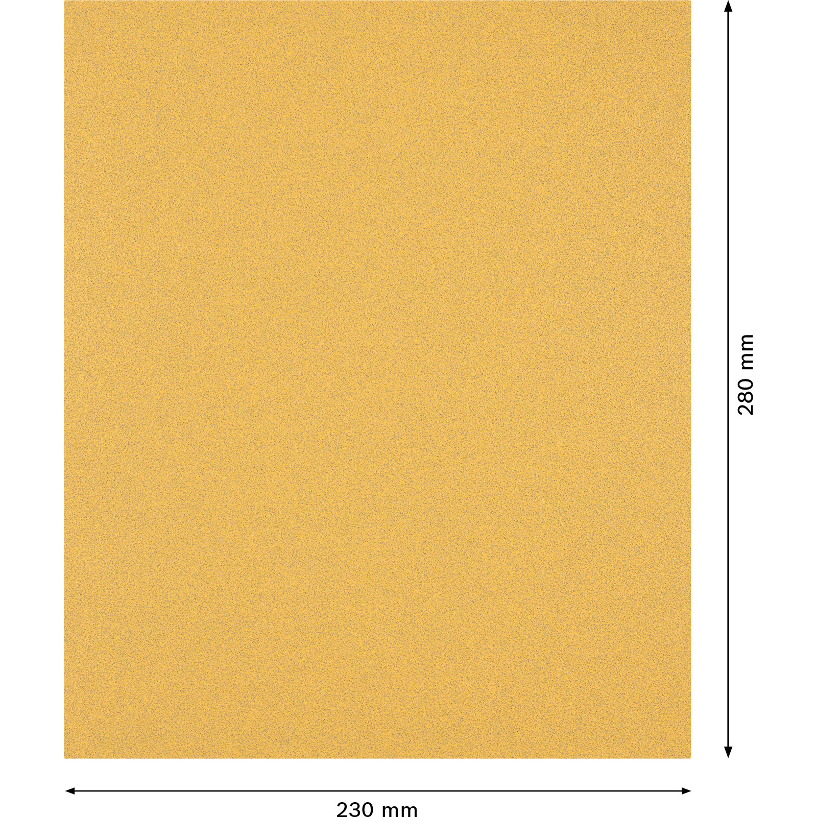 Une feuille de ponçage jaune doré. Dimensions : 230 mm x 280 mm. Textures visibles.
