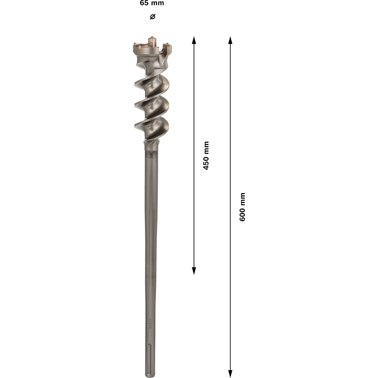 Wiertło o spiralnej konstrukcji. Wymiary: 65 mm średnicy, 450 mm długości i 600 mm całkowitej długości.