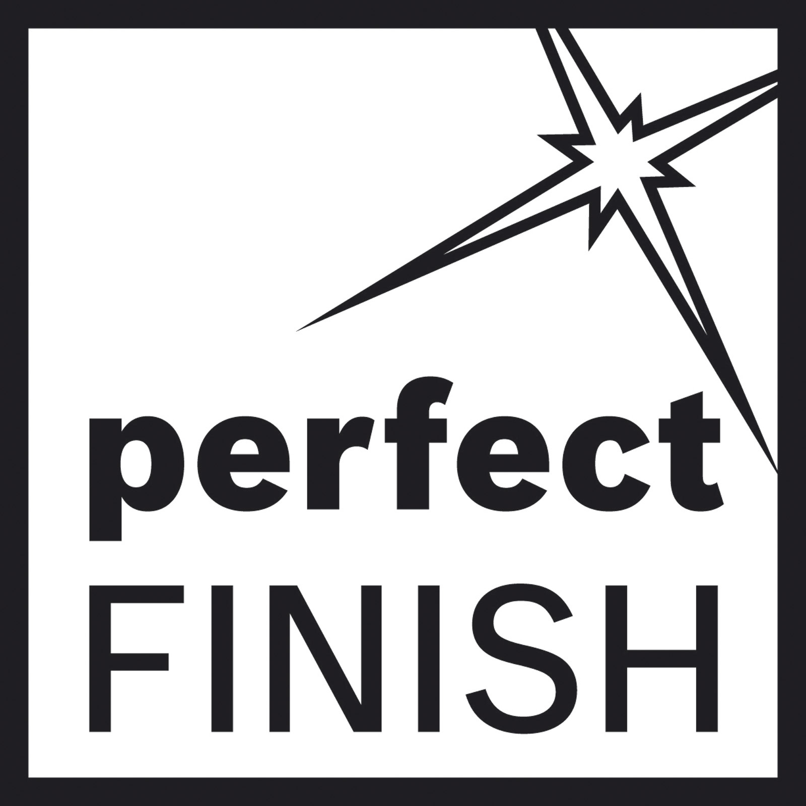 Czarno-białe logo z tekstem 'perfect FINISH'. W prawym górnym rogu znajduje się wzór gwiazdy.