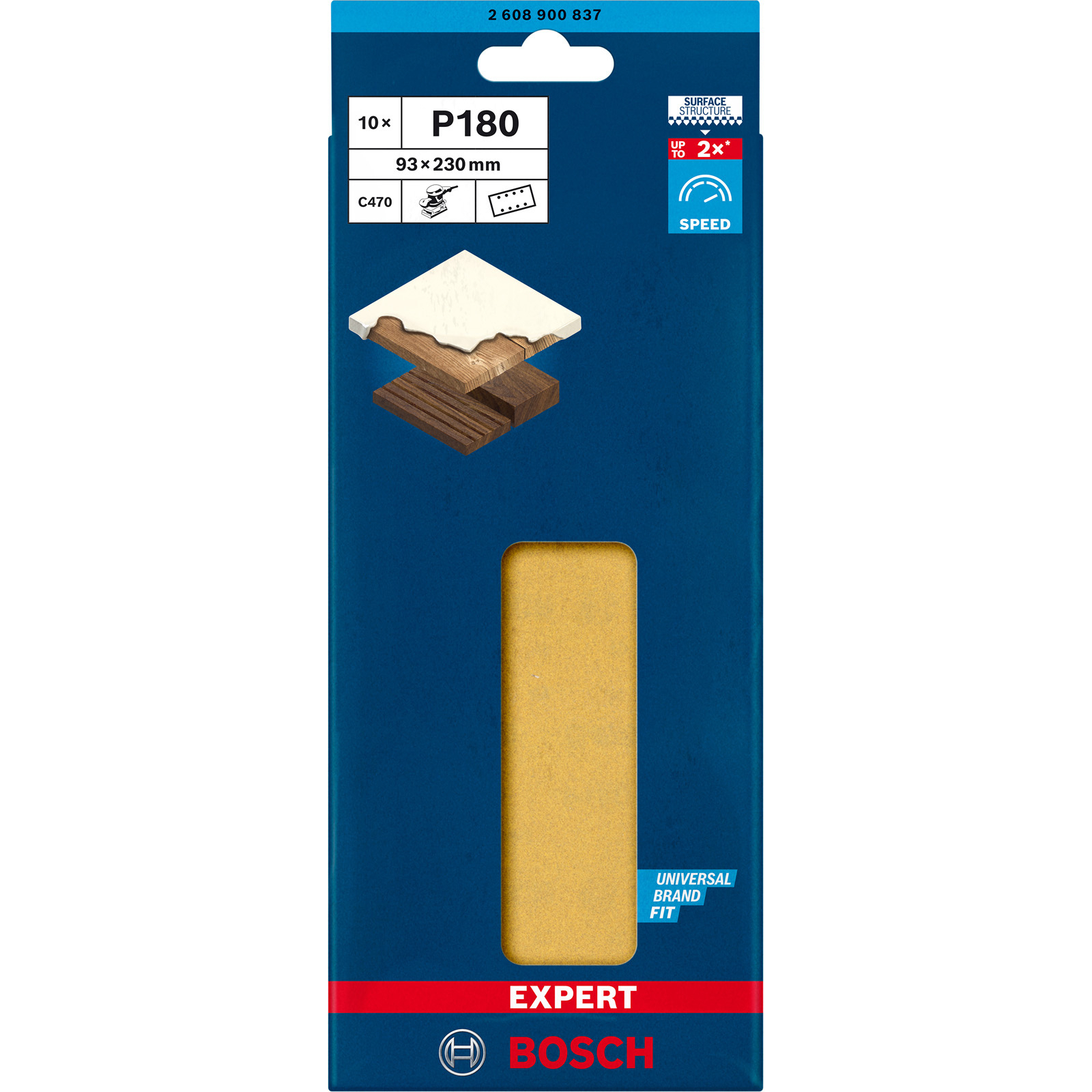 Una confezione blu e bianca di carta vetrata. Il testo dice 'EXPERT' e 'BOSCH'. Mostra legno e un materiale bianco.
