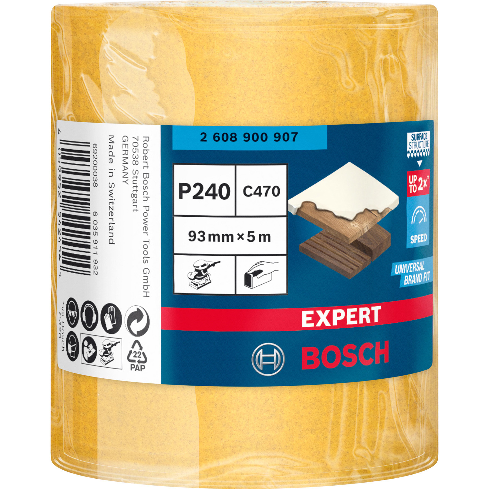 Żółta rolka papieru ściernego z niebiesko-białą etykietą. Etykieta wskazuje P240 C470, 93mm x 5m.