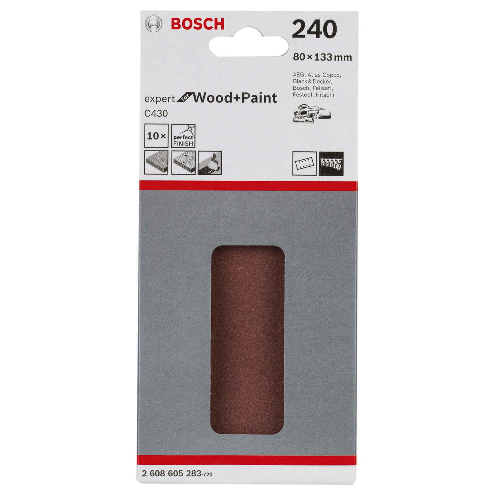 Schleifpapierverpackung. Es hat eine braune Schleifpapierrolle und ein rot-graues Etikett mit dem Bosch-Logo.