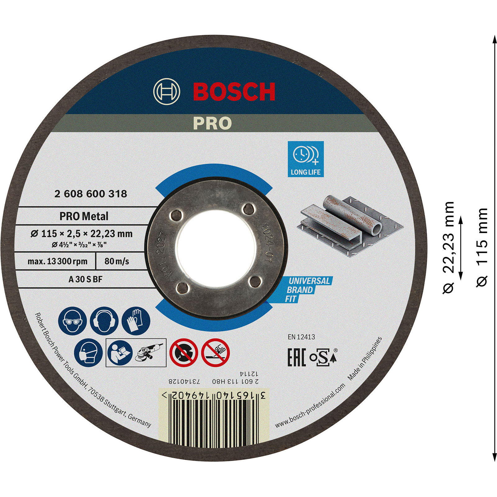 Bosch Pro metal kesme diski. Marka, detaylar ve boyutlar içerir.