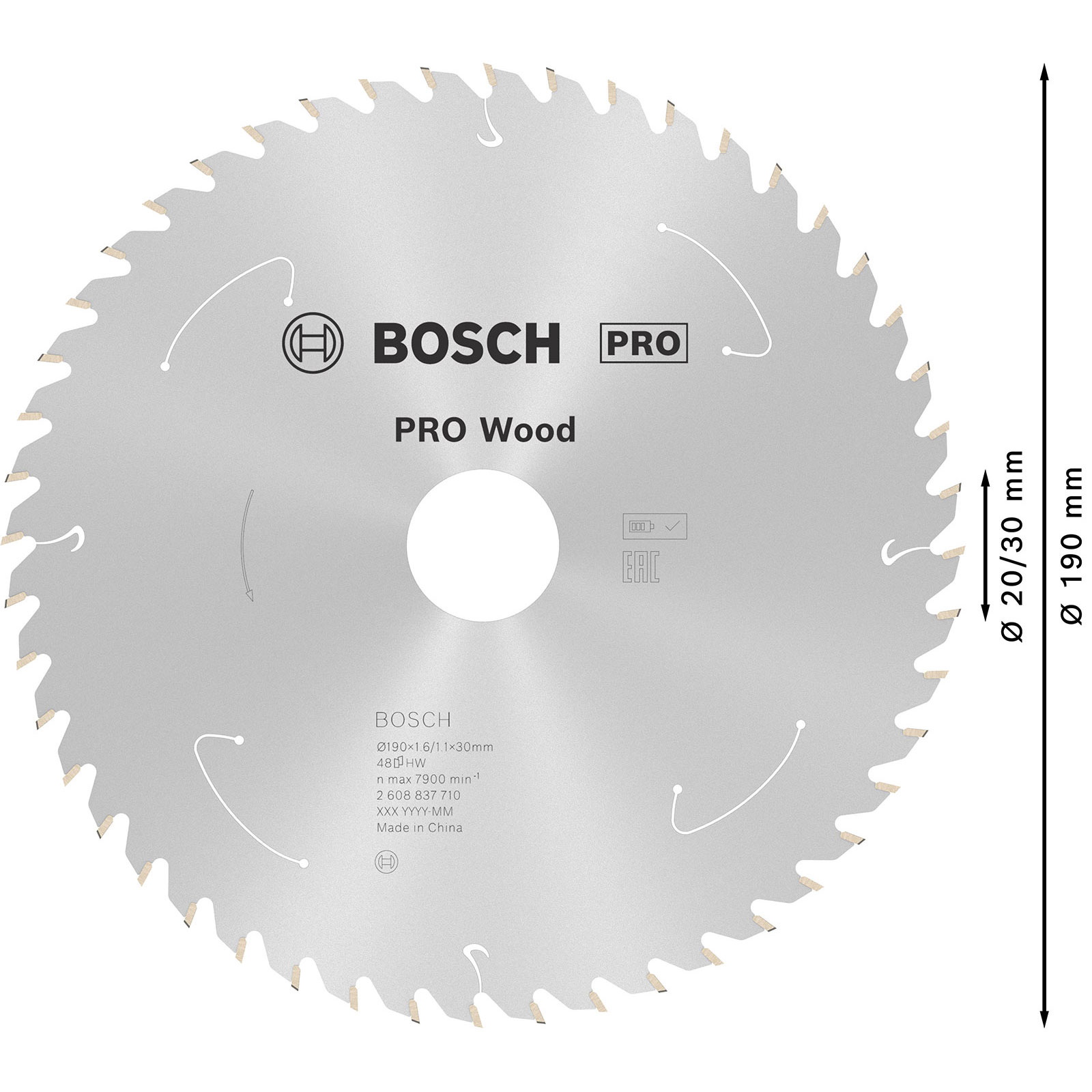 Bosch Pro Holzsägeblatt. Enthält Marke und Produktabmessungen.