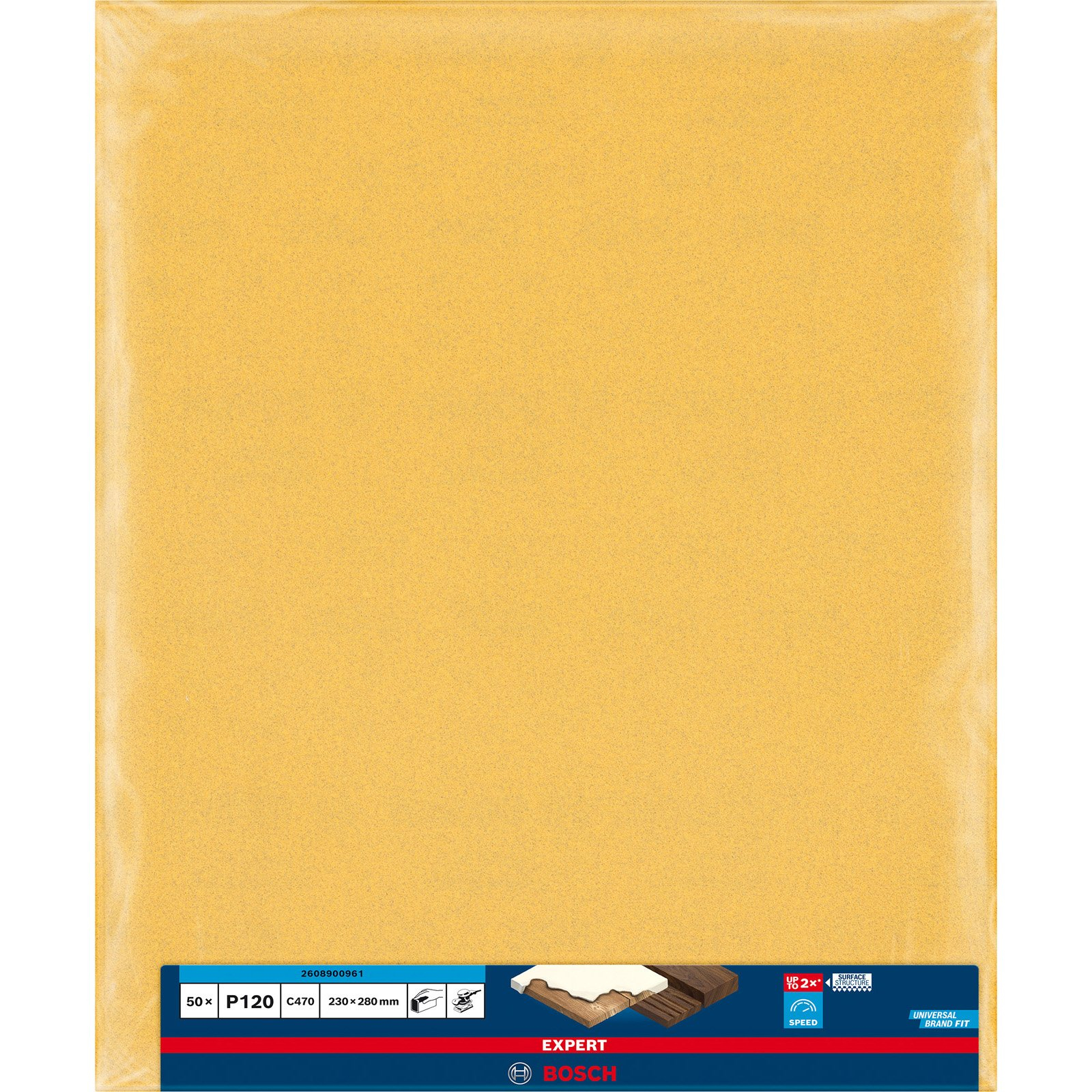 Gelbes Schleifpapier. Bosch-Logo unten. Weißer Hintergrund. Nahaufnahme.